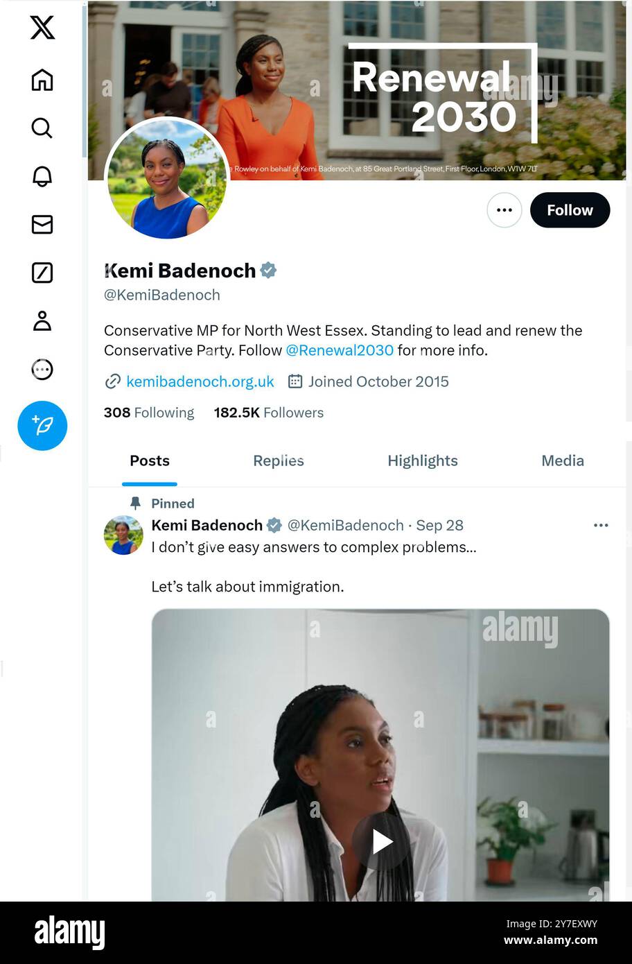 'X' - precedentemente Twitter - pagina (settembre 2024) di MP mentre corre per la leadership del partito conservatore Foto Stock