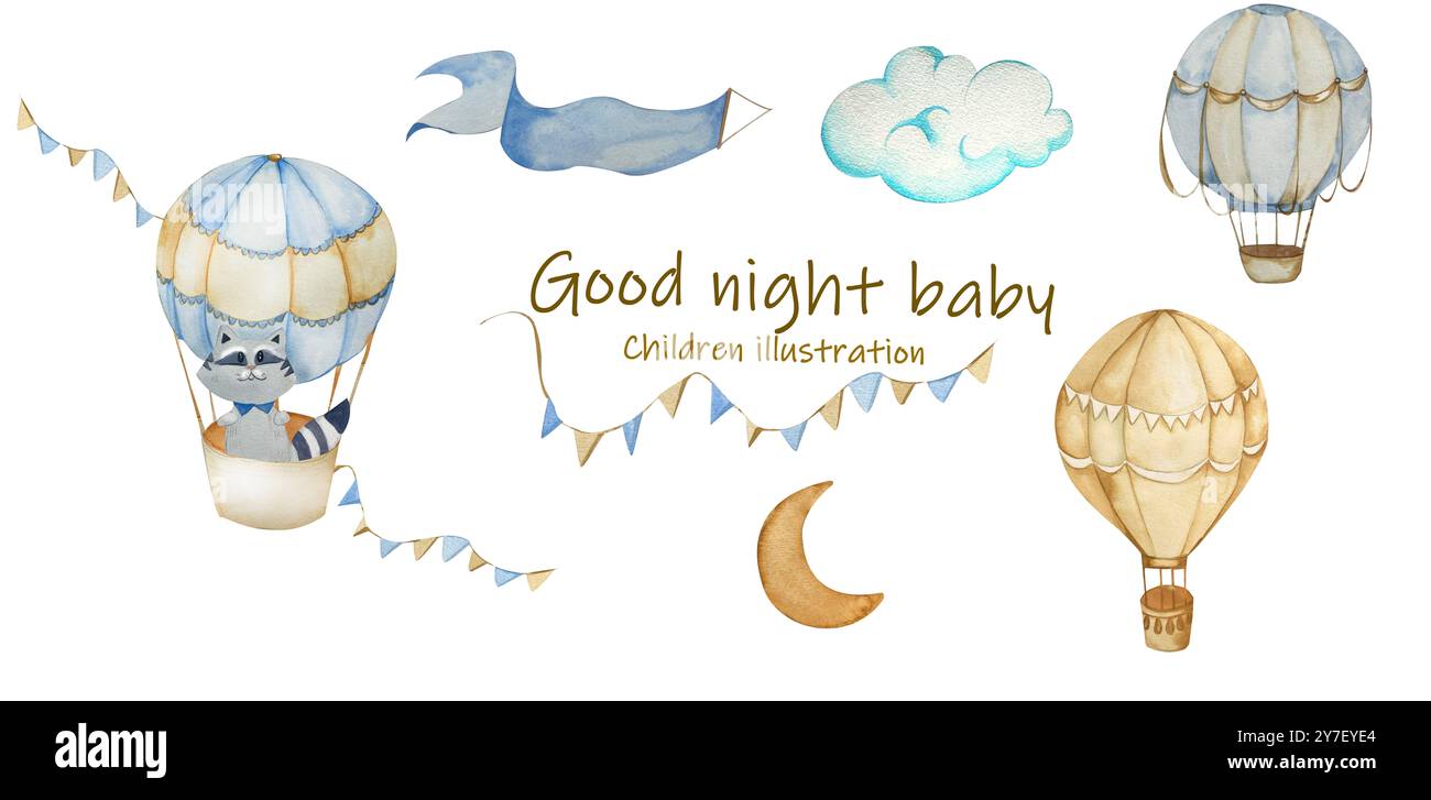 Set di acquerelli in mongolfiera con simpatici procioni, ghirlande, bandiere, stelle, nuvole, luna. Illustrazione per bambini. Per la stanza dei bambini, la cornice, il poster Foto Stock