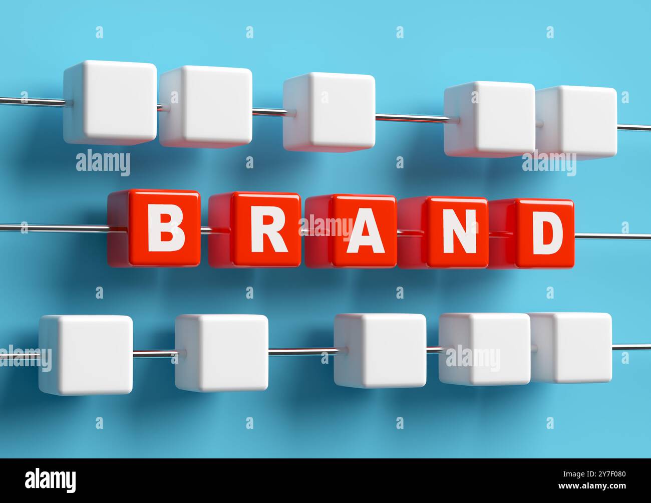 illustrazione 3d di cubi rossi che formano la parola marchio, che rappresenta il concetto di brand awareness. Foto Stock