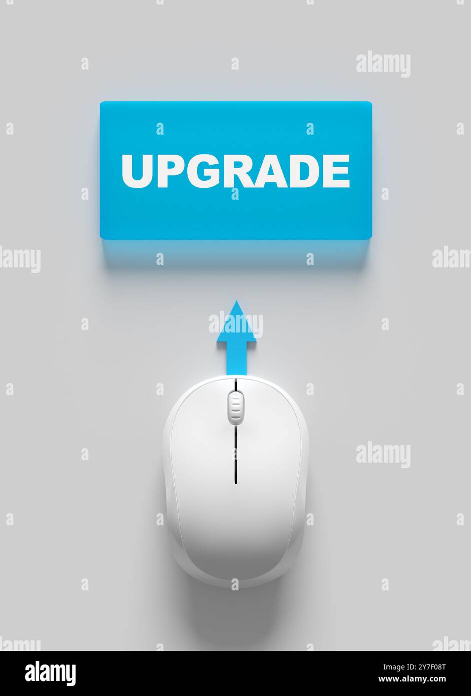 Aggiornare il concetto di miglioramento della tecnologia digitale. Mouse del computer che punta un pulsante di aggiornamento con una freccia. rendering 3d. Foto Stock