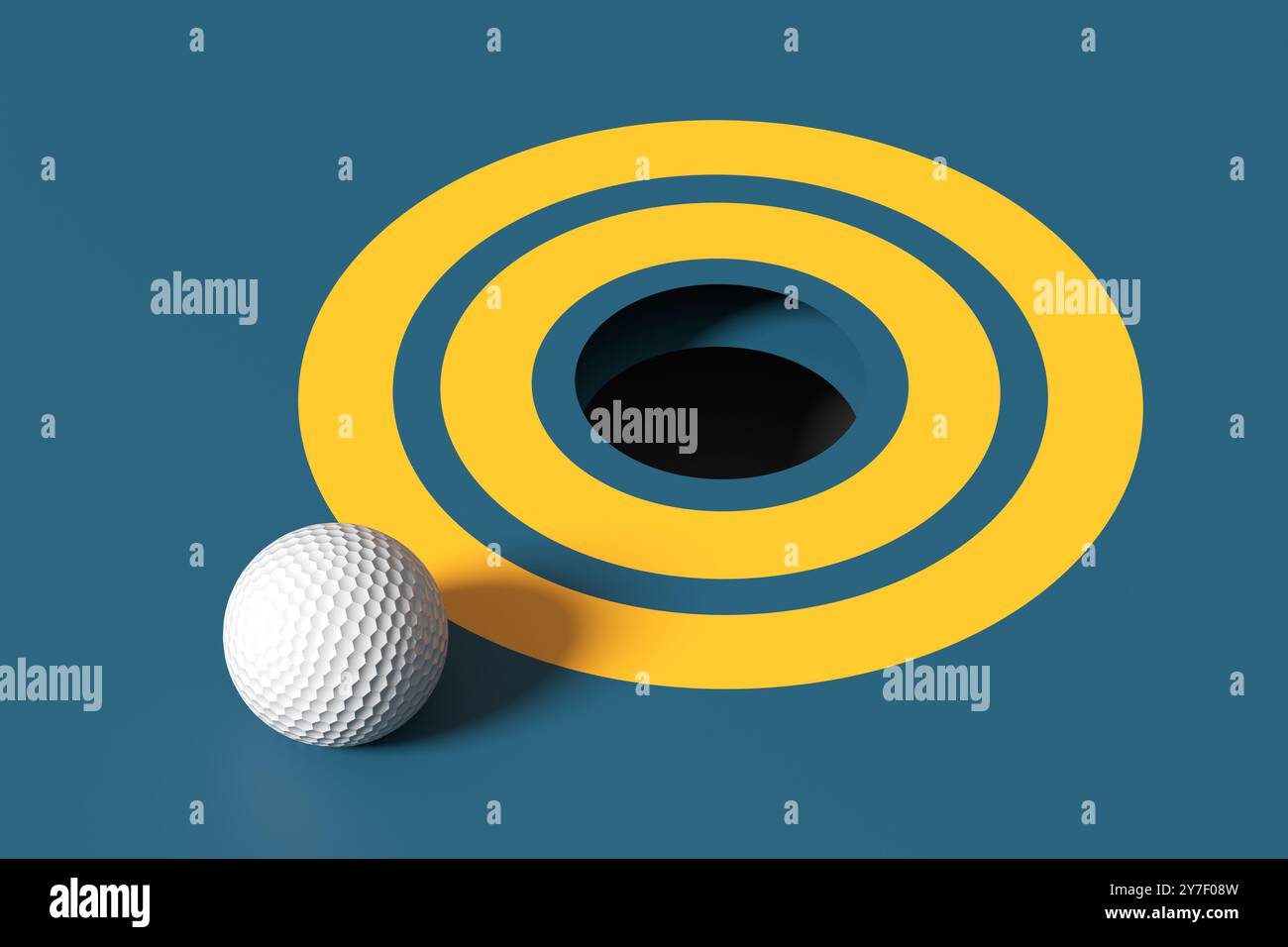 Successo, precisione, raggiungimento degli obiettivi. Sport da golf. La palla da golf bianca si sta muovendo verso una buca su un putting green con un bersaglio giallo. rendering 3d. Foto Stock