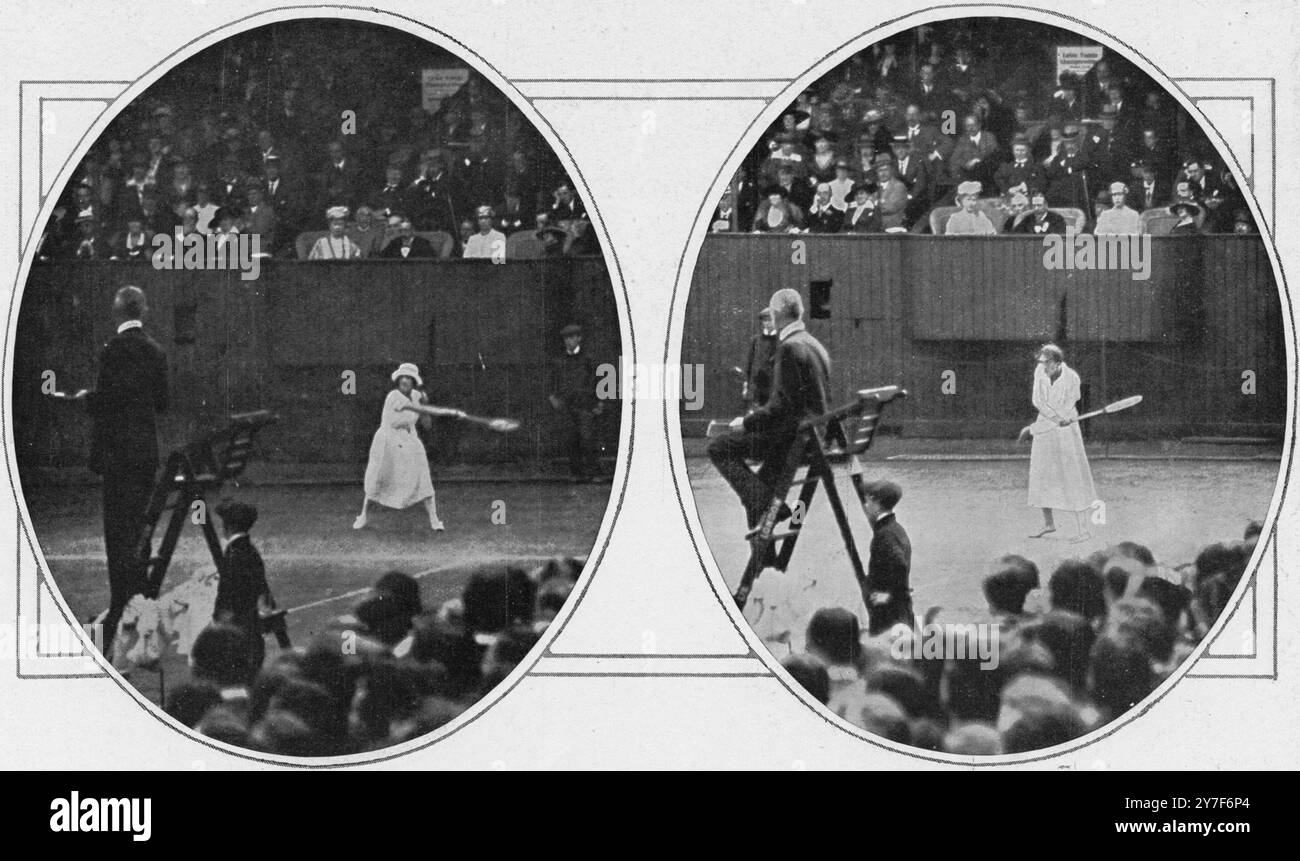 Wimbledon Lawn Tennis Championships - 1919 a sinistra: Suzanne Lenglen (la sfidante) a destra: Mrs Lambert Chambers (la campionessa in carica) alla finale dei singoli femminili raffigurati sotto il Re Giorgio V e la Regina Maria nella Royal Box. 5 luglio 1919 Foto Stock