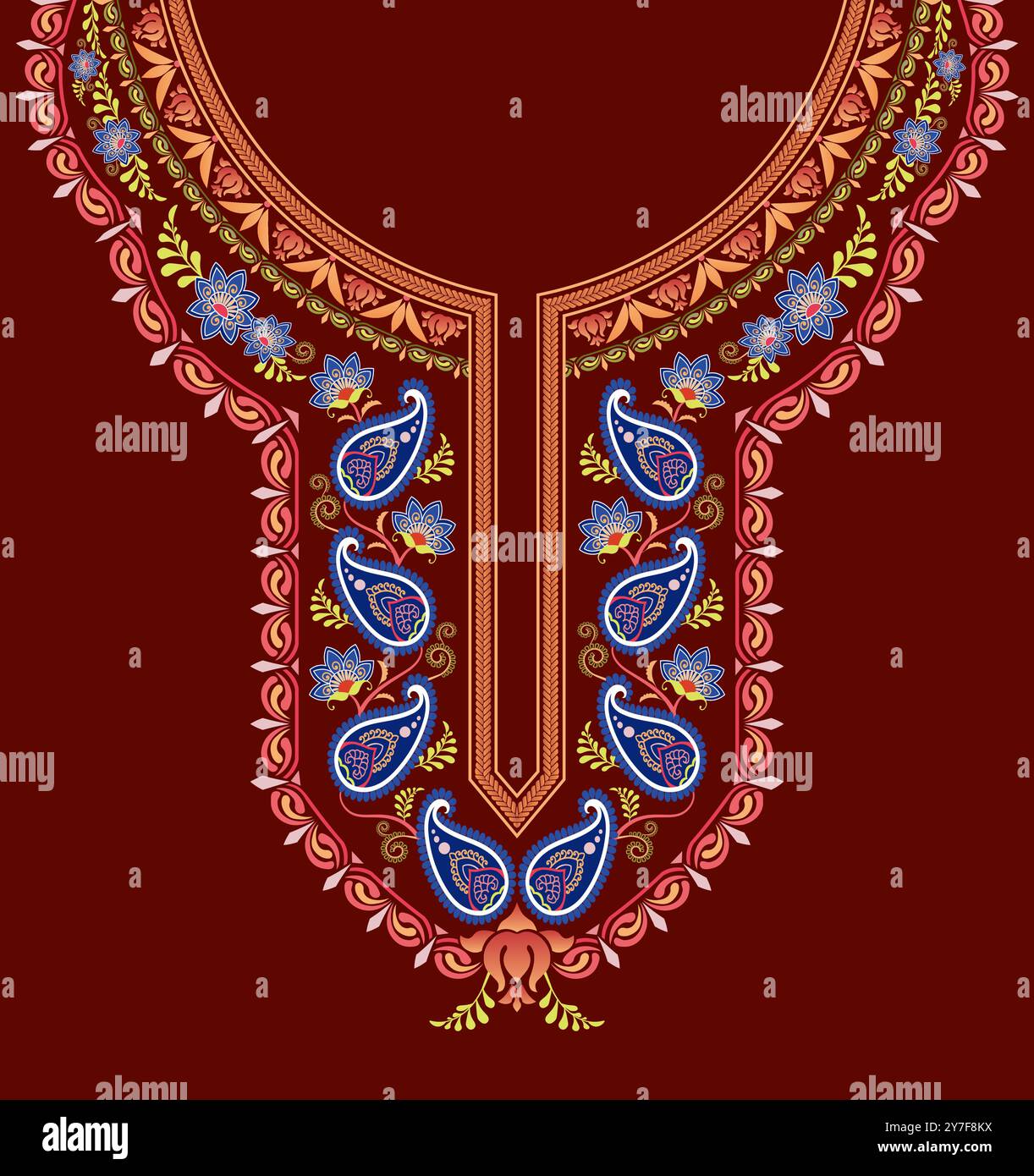 Il colorato design del collo presenta motivi floreali di paisley e scrosciare su sfondo arancione scuro per ricami di kurta indiano. Illustrazione Vettoriale