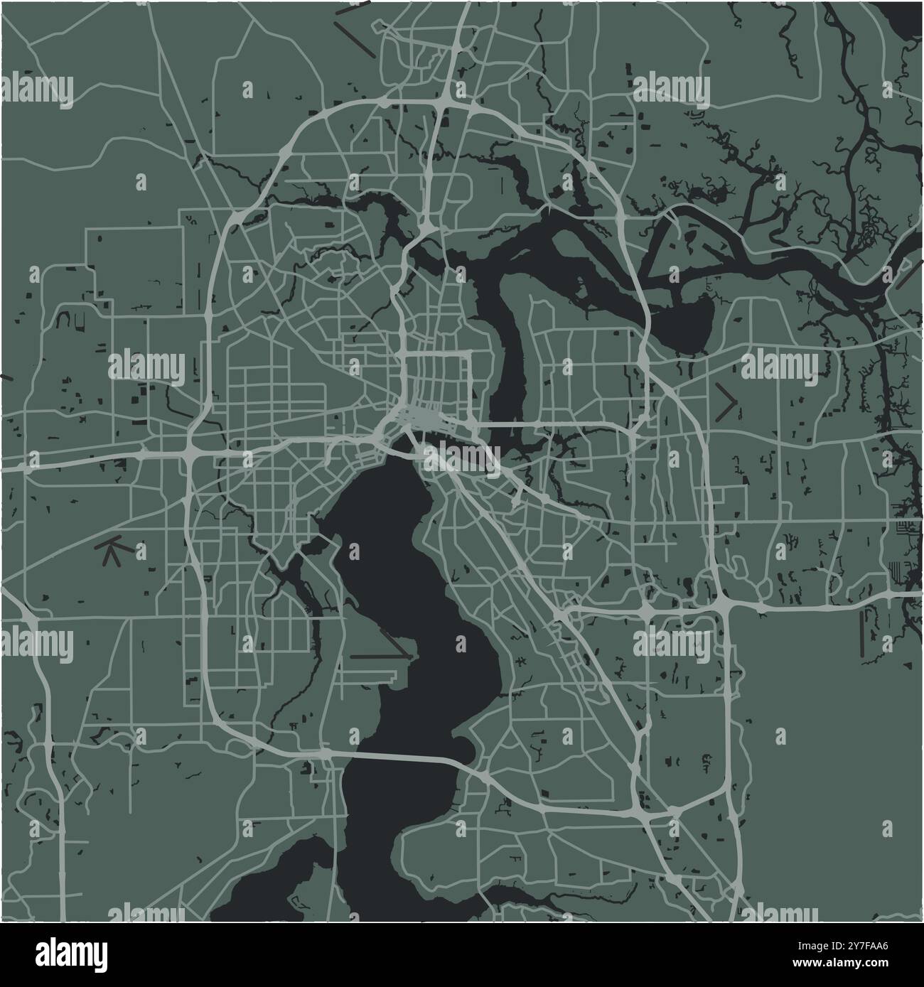 Mappa di Jacksonville in Florida in uno stile morbido e scuro. Contiene vettore stratificato con strade, acqua, parchi, ecc. Illustrazione Vettoriale