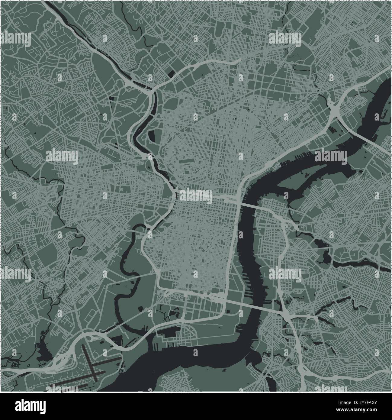 Mappa di Philadelphia in Pennsylvania in uno stile morbido e scuro. Contiene vettore stratificato con strade, acqua, parchi, ecc. Illustrazione Vettoriale