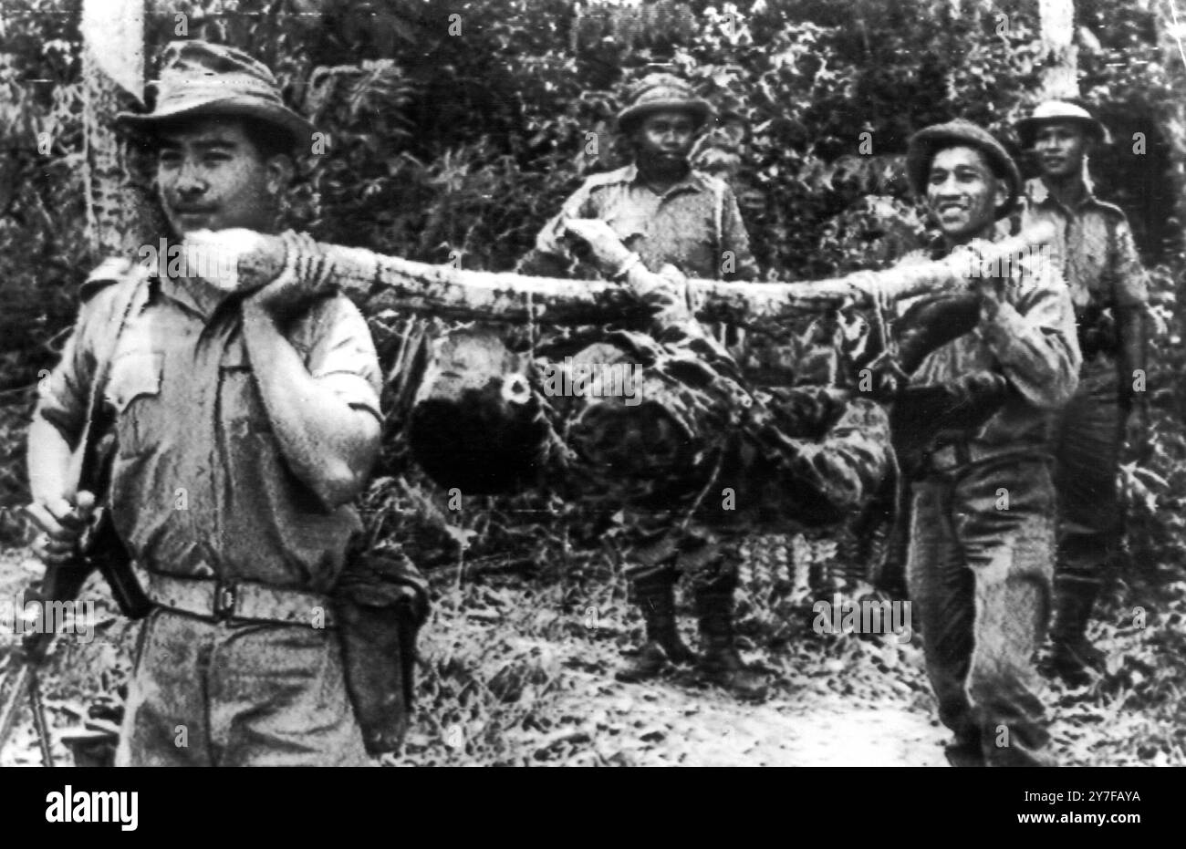 Il corpo di un paracadutista indonesiano, vestito in uniforme da paracadutista, viene trasportato dalla giungla di Labis da soldati malesi. Il paracadutista è stato ucciso stamattina da una pattuglia delle forze di sicurezza. E' stato trovato nascosto in cespugli a circa due miglia e mezzo da dove circa 30 paracadutisti indonesiani ben armati sono stati sganciati da un aereo ieri. 3 settembre 1964. Foto Stock