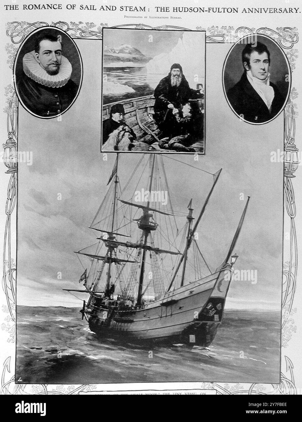 The Romance of Sail and Steam The Hudson Fulton Anniversary in alto a sinistra, Henry Hudson un primo cercatore del Polo Nord, al centro, gli ultimi giorni di Hudson, e in alto a destra, Robert Fulton, l'immagine principale dell'inventore, una replica della Half Moon, la minuscola nave su cui Hudson navigò attraverso l'Atlantico. 1909 Foto Stock The Romance of Sail and Steam The Hudson Fulton Anniversary in alto a sinistra, Henry Hudson un primo cercatore del Polo Nord, al centro, gli ultimi giorni di Hudson, e in alto a destra, Robert Fulton, l'immagine principale dell'inventore, una replica della Half Moon, la minuscola nave su cui Hudson navigò attraverso l'Atlantico. 1909 Foto Stock