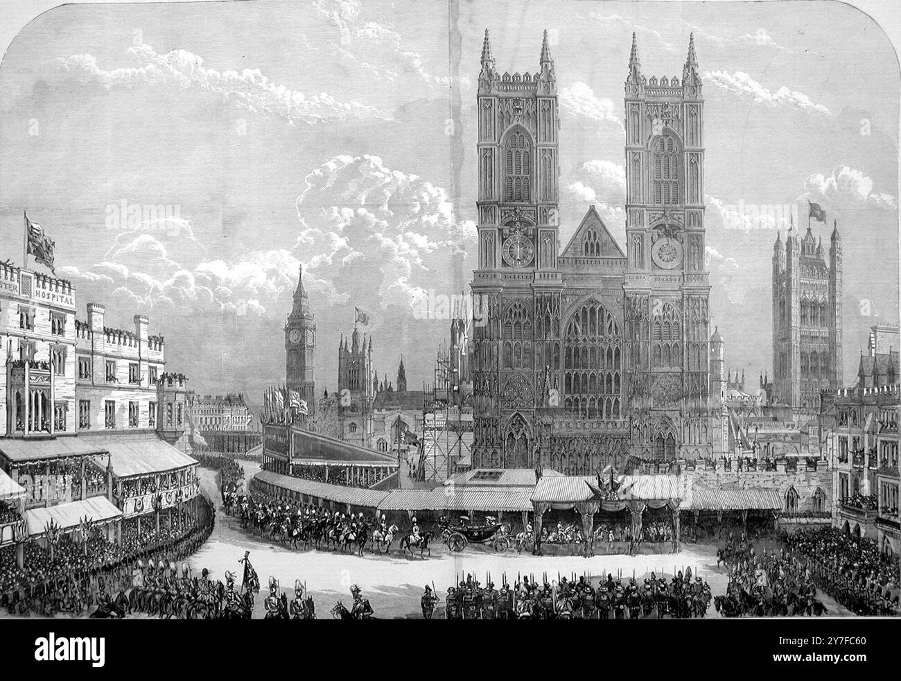 Il Golden Jubilee della Regina Vittoria all'Abbazia di Westminster. La processione reale arriva all'ingresso ovest. 21 giugno 1887 Foto Stock