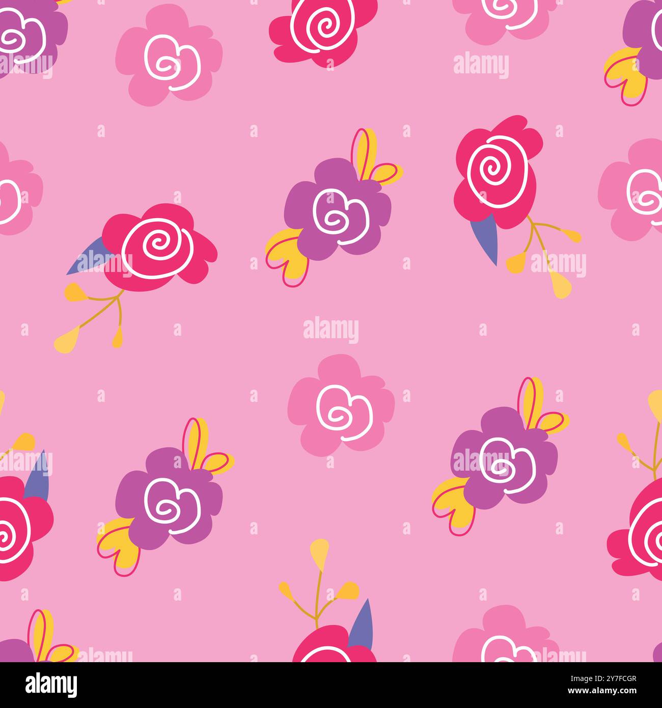 Motivo floreale Childens. Motivo vettoriale di rose grandi disegnato a mano con fiori e foglie. Stampa femminile. Delicato sfondo floreale primaverile per pigiama per bambini, Illustrazione Vettoriale