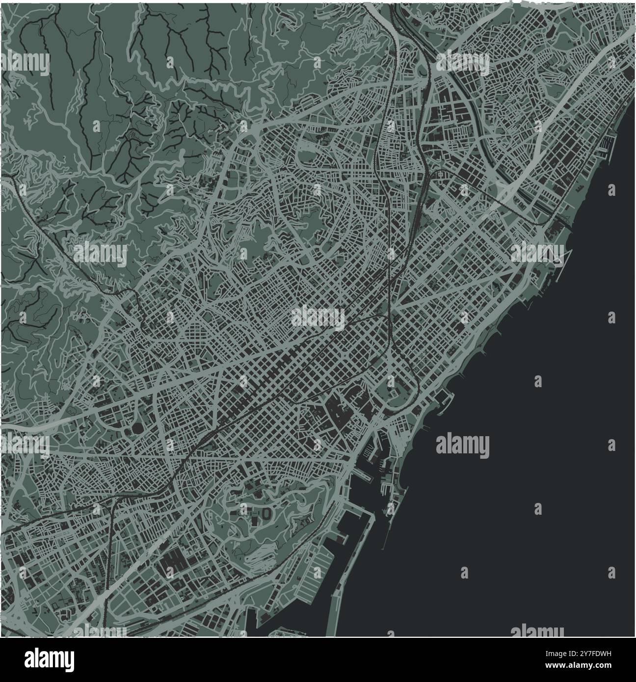 Mappa di Barcellona in Spagna in uno stile morbido e scuro. Contiene vettore stratificato con strade, acqua, parchi, ecc. Illustrazione Vettoriale