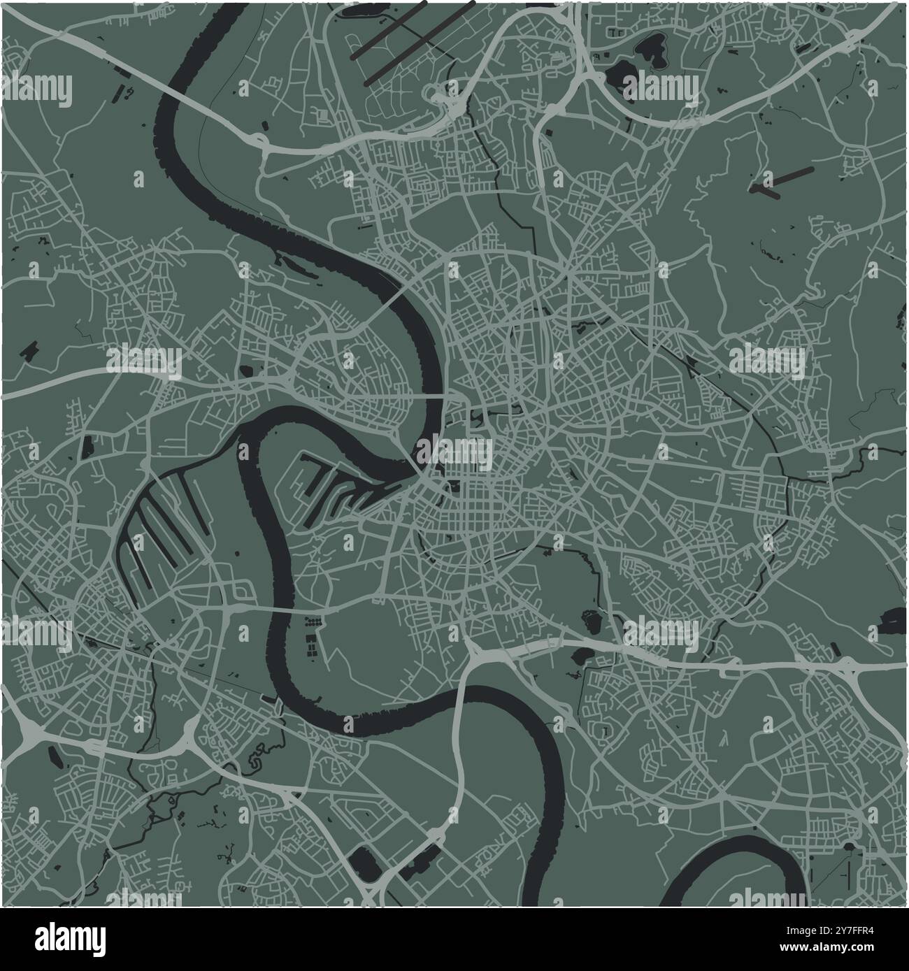 Mappa di Dusseldorf in Germania in uno stile morbido e scuro. Contiene vettore stratificato con strade, acqua, parchi, ecc. Illustrazione Vettoriale