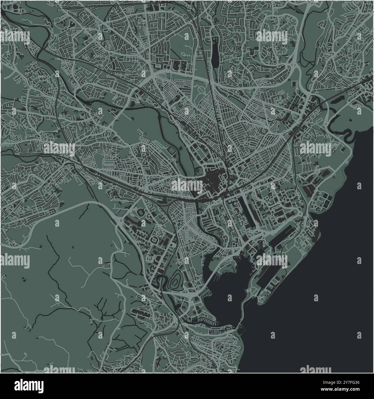Mappa di Cardiff nel Regno Unito in uno stile morbido e scuro. Contiene vettore stratificato con strade, acqua, parchi, ecc. Illustrazione Vettoriale