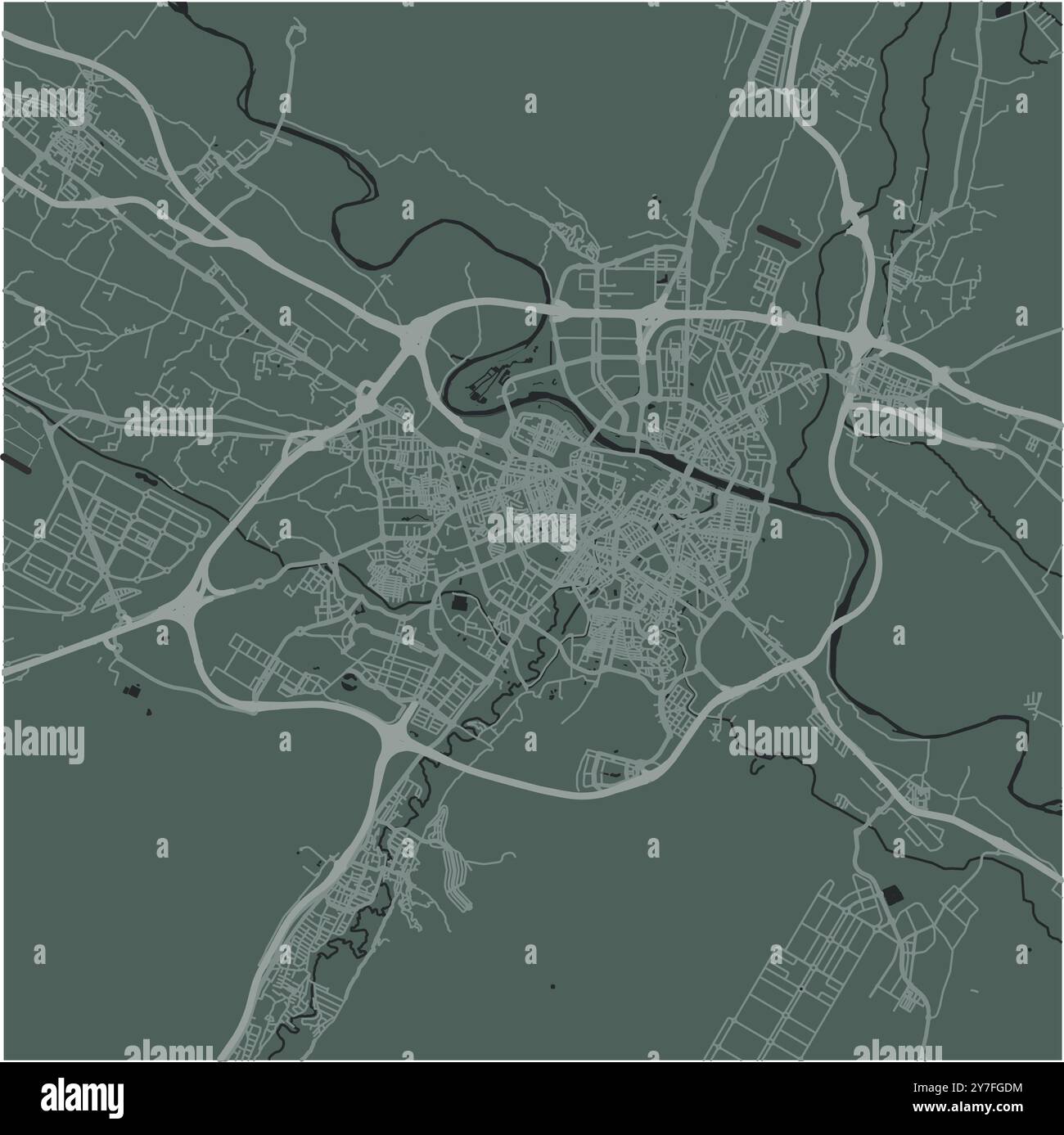 Mappa di Saragozza in Spagna in uno stile morbido e scuro. Contiene vettore stratificato con strade, acqua, parchi, ecc. Illustrazione Vettoriale