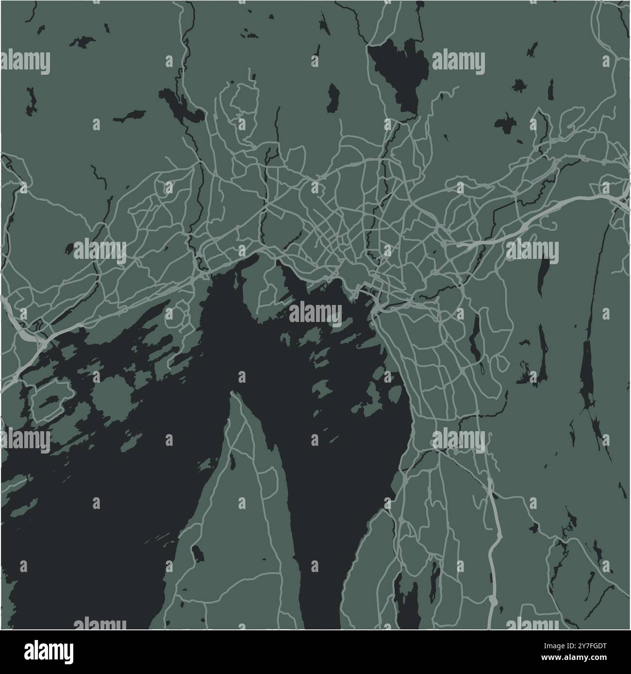 Mappa di Oslo in Norvegia in uno stile morbido e scuro. Contiene vettore stratificato con strade, acqua, parchi, ecc. Illustrazione Vettoriale