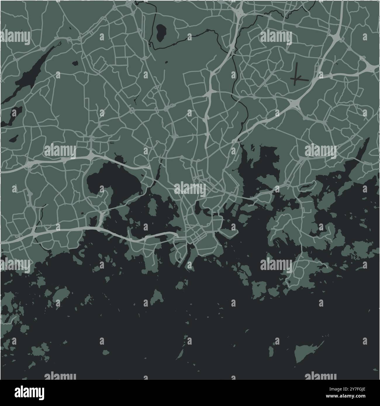 Cartina di Helsinki in Finlandia in uno stile morbido e scuro. Contiene vettore stratificato con strade, acqua, parchi, ecc. Illustrazione Vettoriale