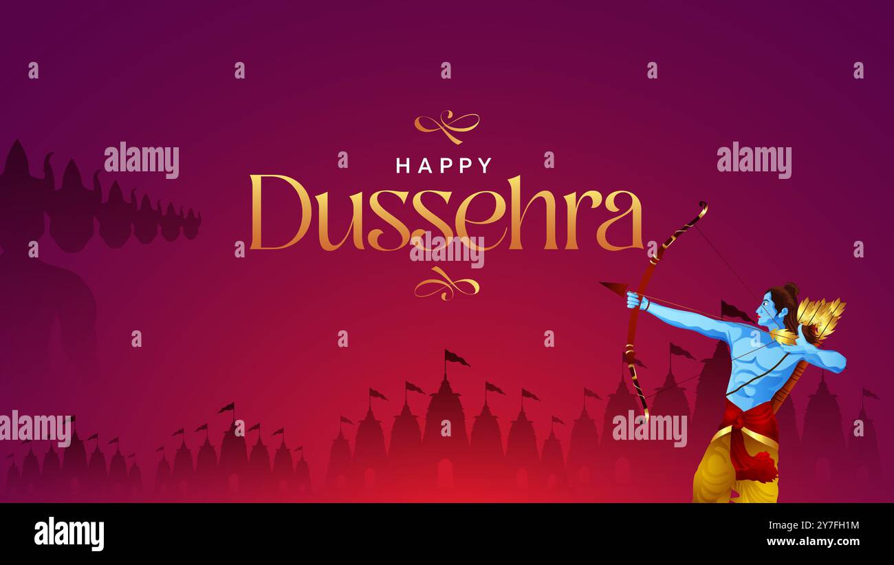 Felice Dussehra Vector Design. Lord Rama che uccide Ravana a Dussehra, Vijayadashami. Illustrazione vettoriale di Dussehra poster Design. Festival dell'India. Illustrazione Vettoriale