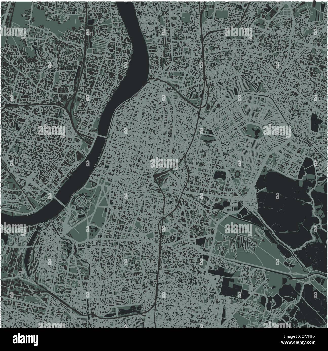 Mappa di Kolkata (Calcutta) in India in uno stile morbido e scuro. Contiene vettore stratificato con strade, acqua, parchi, ecc. Illustrazione Vettoriale