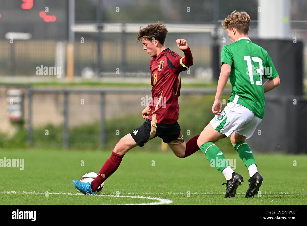 Rune Verstrepen (18) del Belgio nella foto di domenica 29 settembre 2024 a Tubize, Belgio, in occasione di una partita amichevole tra le nazionali Under 16 squadre del Belgio e della repubblica d'Irlanda. FOTO SPORTPIX | David Catry Foto Stock