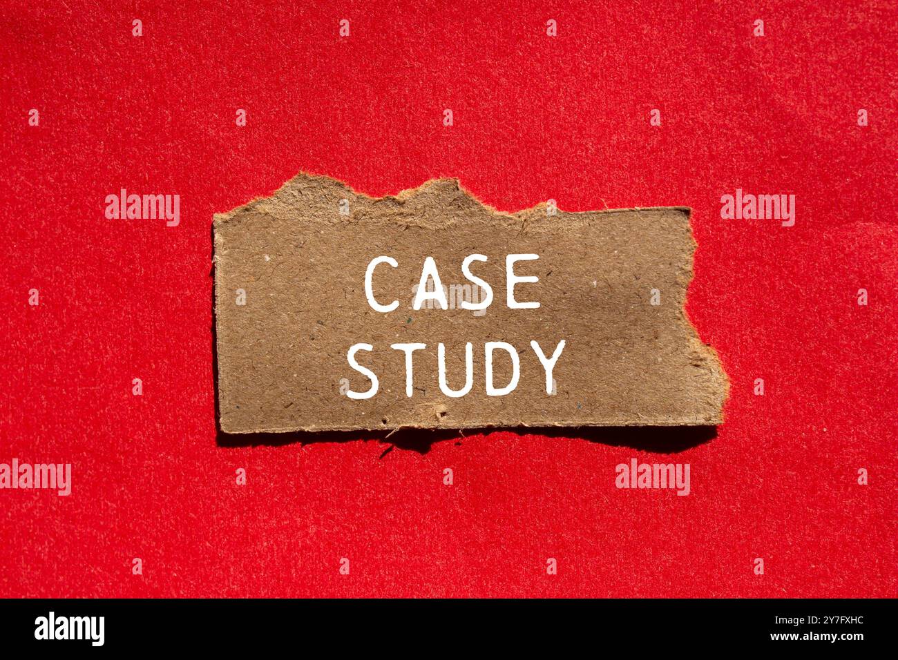 Messaggio di case study scritto su un pezzo di carta marrone strappato su sfondo rosso. Simbolo del case study concettuale. Copia spazio. Foto Stock