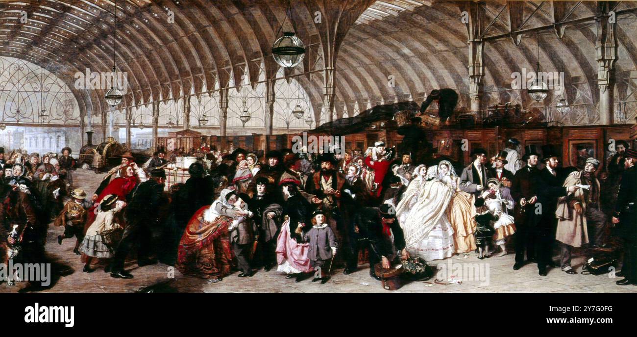 The Railway Station, 1863 (olio su tela) di Frith Frith, William Powell (1819-1909) nel Royal Holloway College New Walk Museum, Leicester City Museum William Powell Frith (19 gennaio 1819 - 9 novembre 1909), è stato un pittore inglese specializzato in ritratti e narrazioni di epoca vittoriana, eletto alla Royal Academy nel 1852. ©TopFoto Foto Stock