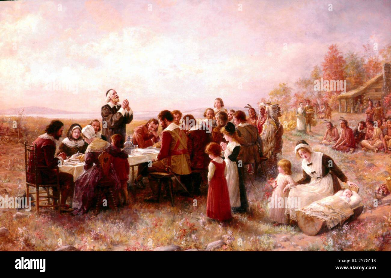 I Padri Pellegrini. "Il primo Ringraziamento". (1620) Foto Stock