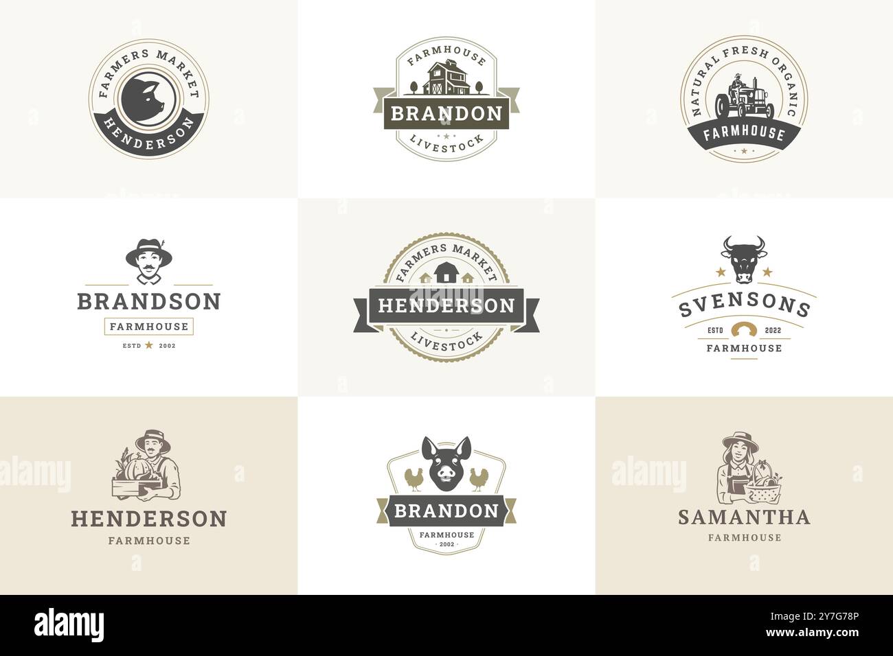Mercato agricolo allevamento fattoria retro logo design set modello vettoriale illustrazione piatta. Gli agricoltori con verdure fresche raccolgono l'agricoltura e gli organi Illustrazione Vettoriale