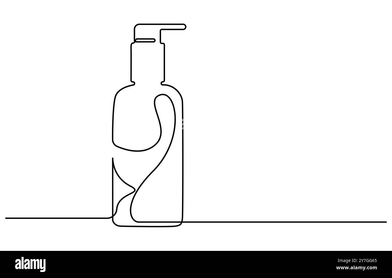Illustrazione vettoriale continua del flacone dello shampoo a una linea, disegno continuo a una linea del flacone cosmetico con pompa. Disegno di una linea Illustrazione Vettoriale