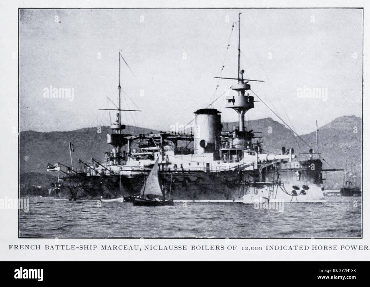 LA NAVE DA BATTAGLIA FRANCESE MARCEAU, CALDAIE NICLAUSSE DA 12.000 CAVALLI INDICAVANO LA POTENZA. Dall'articolo GENERATORI DI VAPORE A TUBO D'ACQUA PER IL SERVIZIO NAVALE. Di B. H. Thwaite della rivista Engineering dedicata al progresso industriale volume XX 1900 - 1901 The Engineering Magazine Co Foto Stock