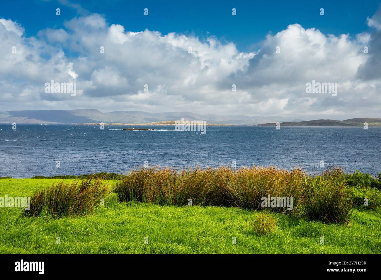 Vista da Caherkeem, dalla penisola di Beara, dalla contea di Cork, dall'Irlanda, attraverso la baia di Coulagh e il fiume Kenmare verso la penisola di Iveragh Foto Stock