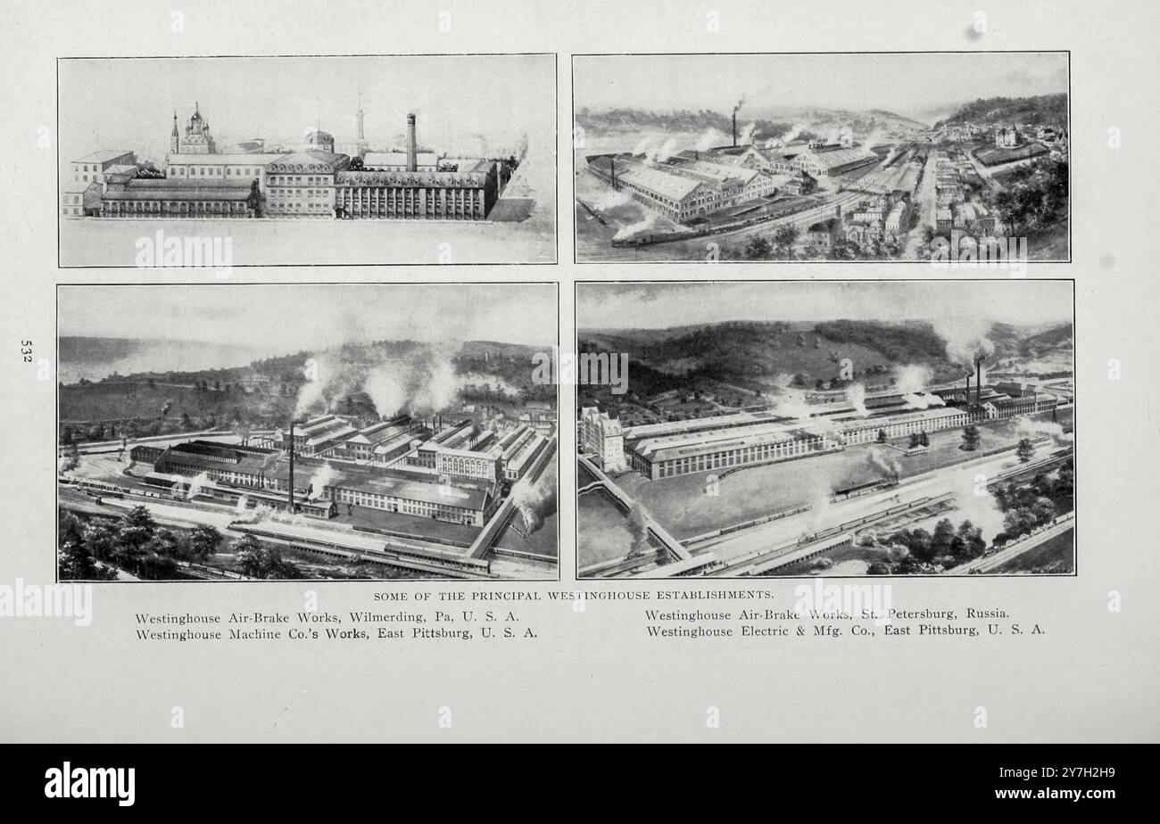 Alcuni dei principali Westinghouse : Air Break Works Wilmerding PA; Air Break Works St. Petersburg, Russia; Westinghouse Machine Co.. East Pittsburg [East Pittsburgh, Pennsylvania]; Westinghouse Electric & Mfg. Co. East Pittsburgh, Pennsylvania dall'articolo GEORGE WESTINGHOUSE INVENTOR, ORGANIZER E DIRECTOR di Walter M. McFarland della rivista Engineering dedicato al progresso industriale volume XX 1900 - 1901 The Engineering Magazine Co Foto Stock