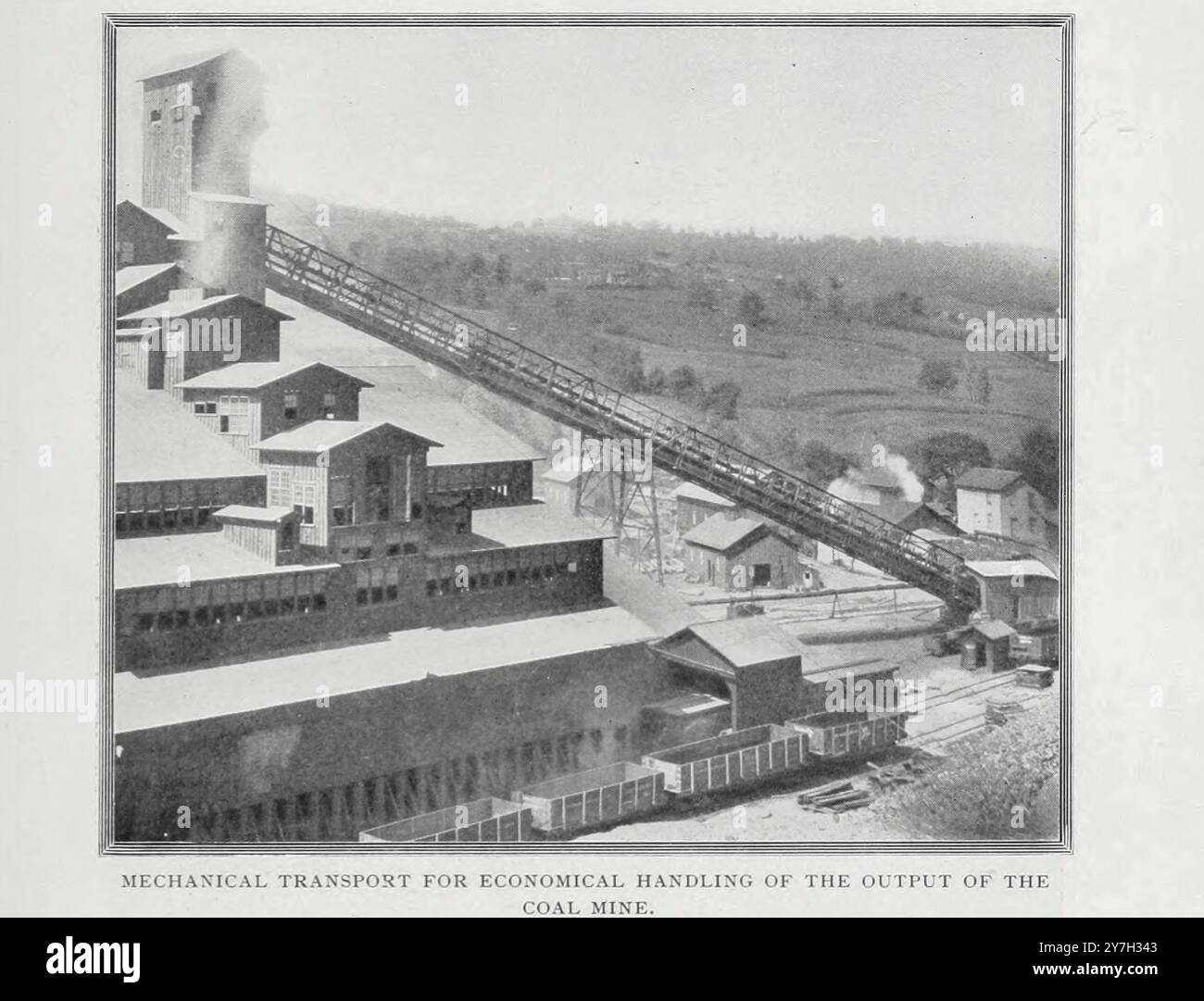 Trasporto meccanico per la gestione economica della produzione della miniera di carbone installazione presso il Boston Breaker of the Delaware & Hudson Co., Plymouth, Pa., U. S. A. Un capriata in acciaio di 272 piedi supporta un trasportatore monobare, trasportando carbone alla velocità di 4 tonnellate al minuto dalle auto alla sommità del demolitore. Link Belt Engineering Co. Tratto dall'articolo THE PRACTICAL MANACEMENT OF MINING OPERATIONS. Di John E. Hardman della rivista Engineering dedicata al progresso industriale volume XX 1900 - 1901 The Engineering Magazine Co Foto Stock