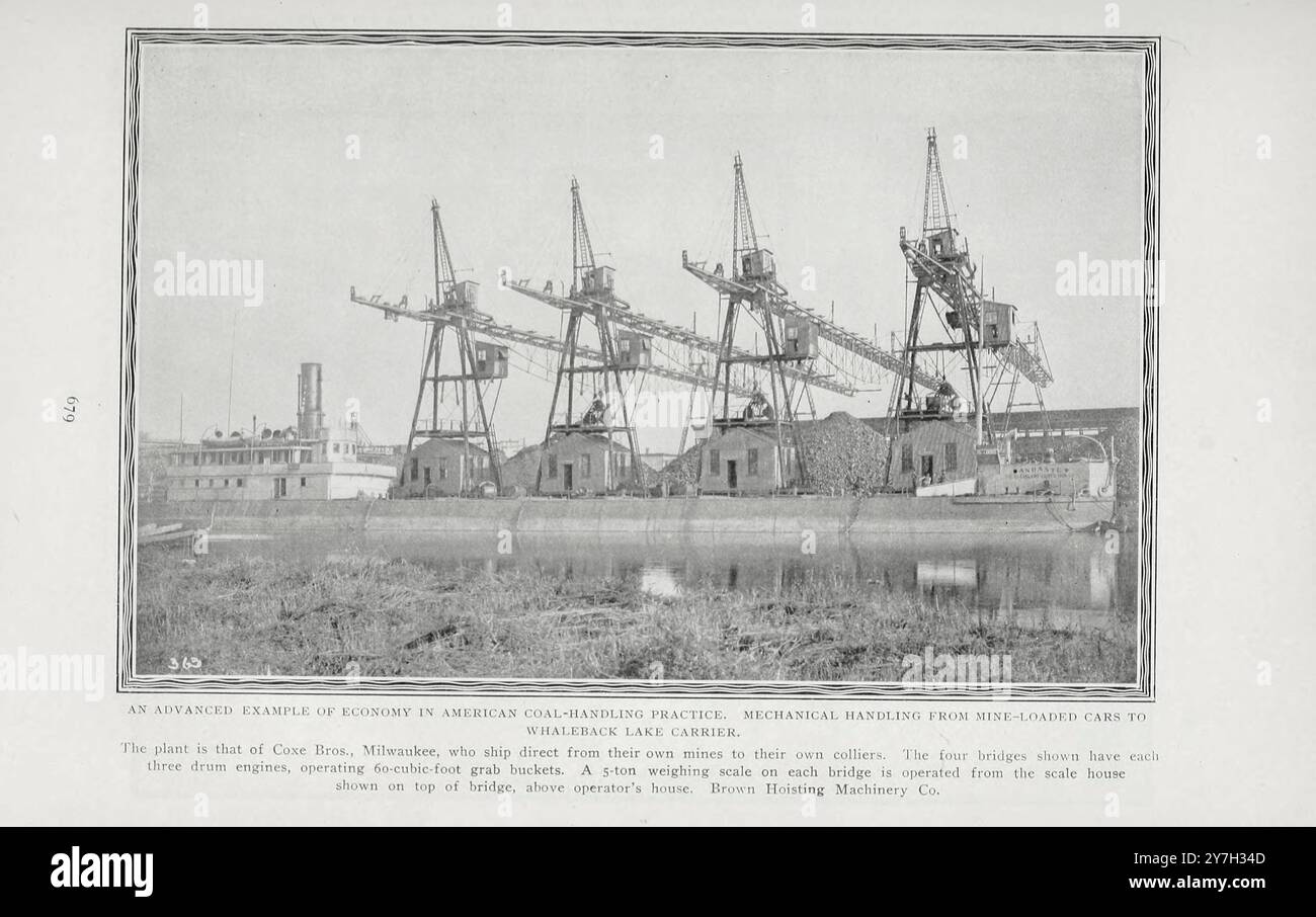 Esempio avanzato di economia nella pratica americana di movimentazione del carbone. Movimentazione meccanica dalle macchine caricate in miniera ai portabagagli di balene. Coxe Bros Milwaukee, che spediscono direttamente dalla loro miniera ai loro colliers dall'articolo THE PRACTICAL MANACEMENT OF MINING OPERATIONS. Di John E. Hardman della rivista Engineering dedicata al progresso industriale volume XX 1900 - 1901 The Engineering Magazine Co Foto Stock