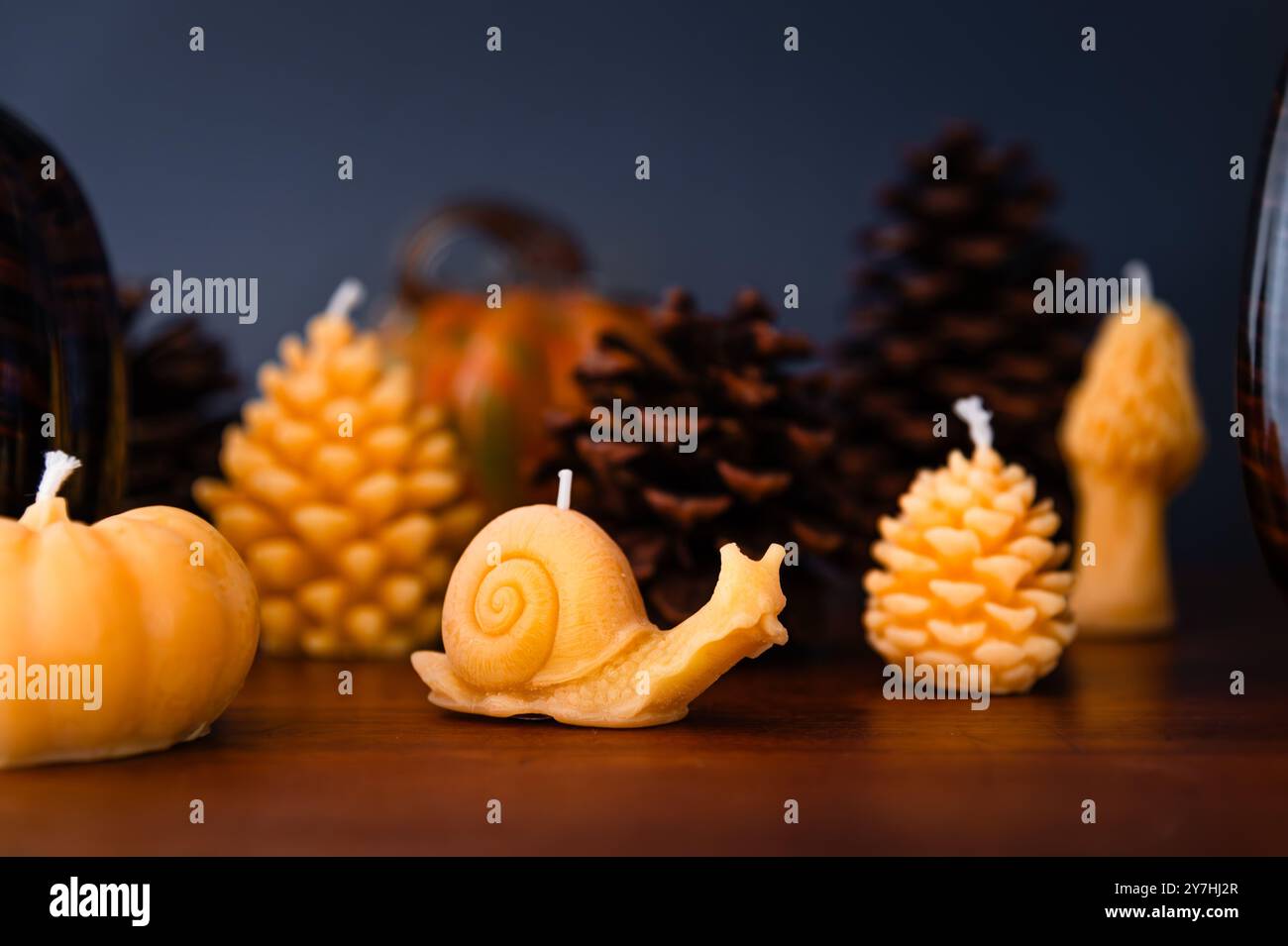 Tavola autunnale con candele di cera d'api, pinne e zucche Foto Stock