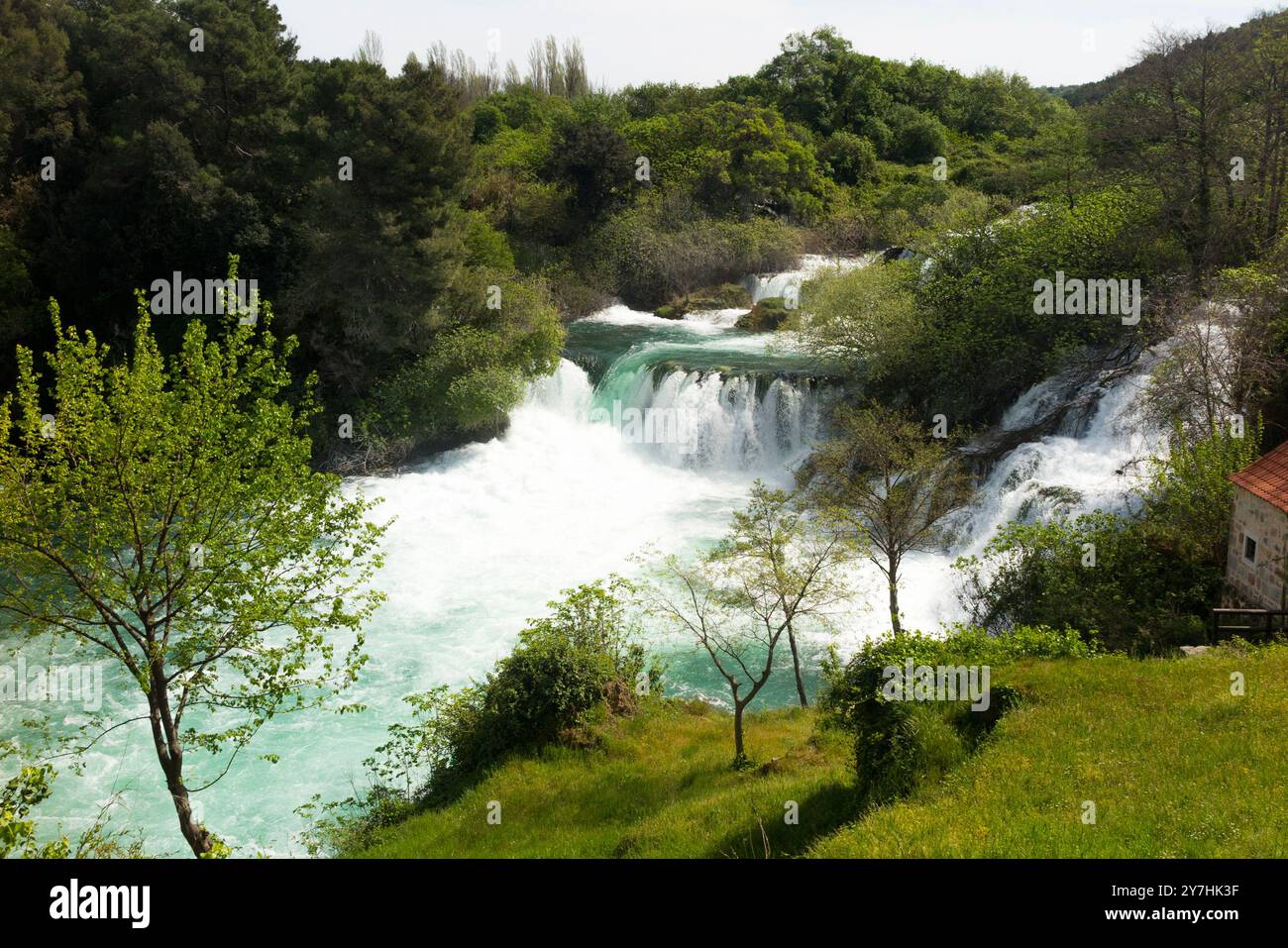 Il fiume Kirka scorre veloce e furioso sulle rocce creando rapide di acqua bianca vicino alla cascata / cascate / cascata. Parco nazionale di Krka. Croazia. (138) Foto Stock