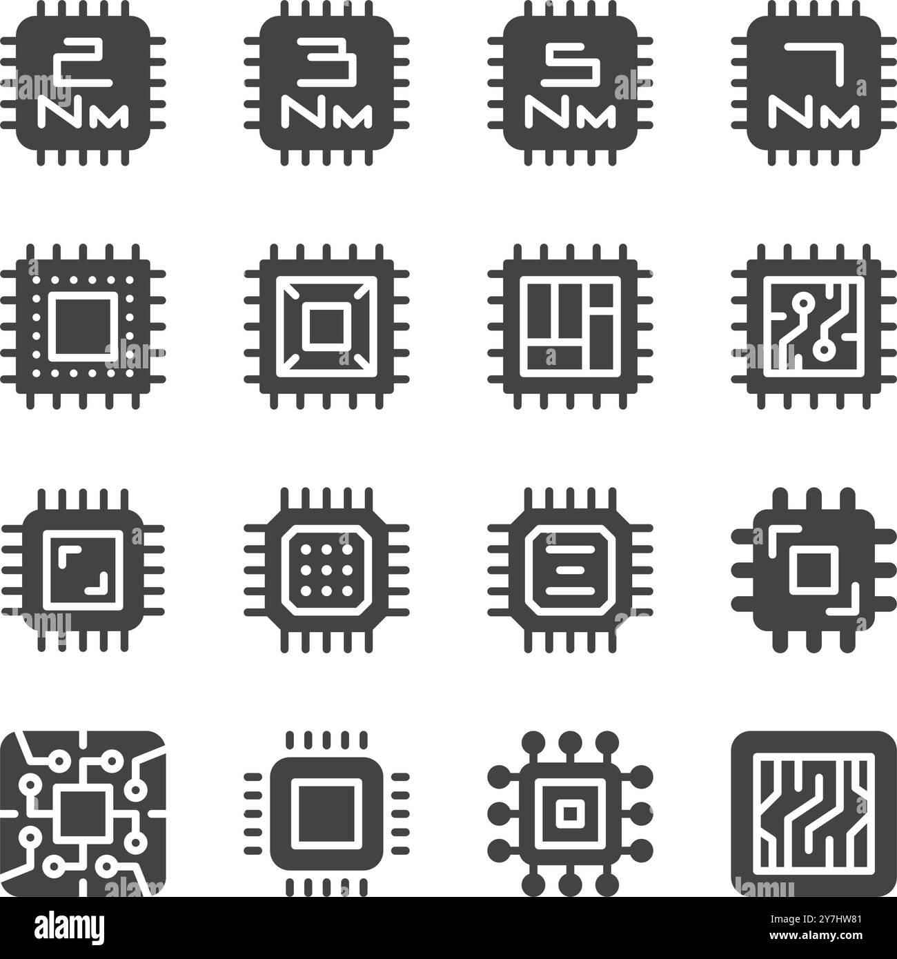 insieme di icone solide, vettoriale e illustrazione del chipset e del chip Illustrazione Vettoriale