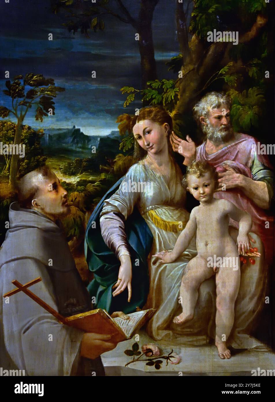 La Sacra famiglia con San Francesco d'Assisi 1532–1535 Girolamo Mazzola Bedoli 1500 - 1569 pittore manierista secolo, Italia, italiano. Foto Stock