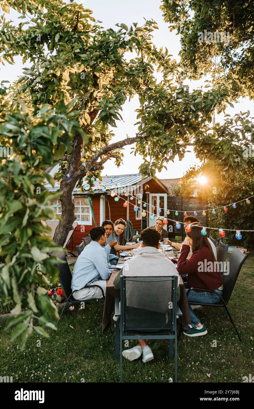 Decori chiari sull'albero con gli amici che festeggiano durante la cena nel cortile posteriore Foto Stock