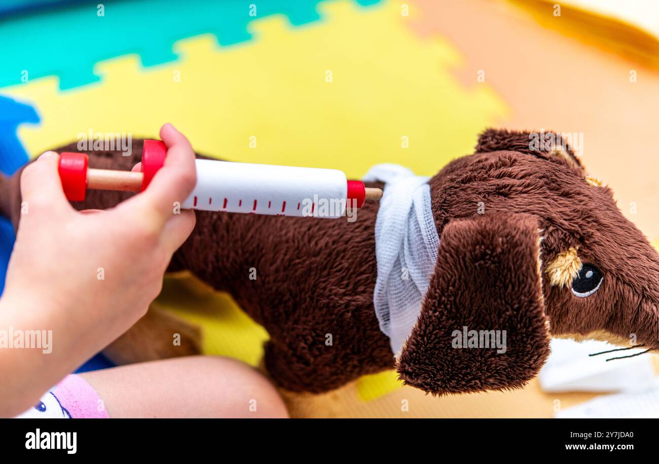 Un bambino si impegna in un gioco di ruolo fantasioso come veterinario, somministrando cure a un cane peluche con una siringa, promuovendo creatività ed empatia Foto Stock