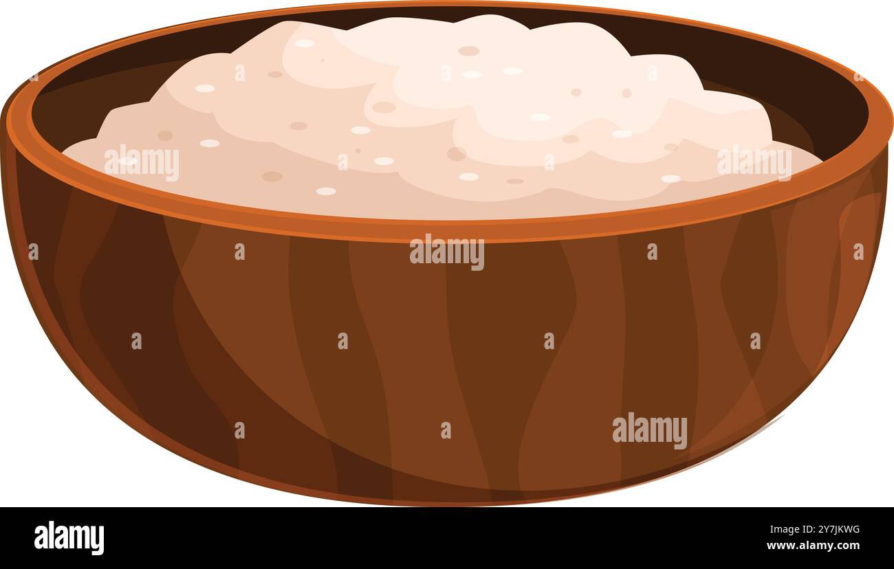 Ciotola in legno traboccante di delizioso budino di riso, un classico dessert di cibi Illustrazione Vettoriale