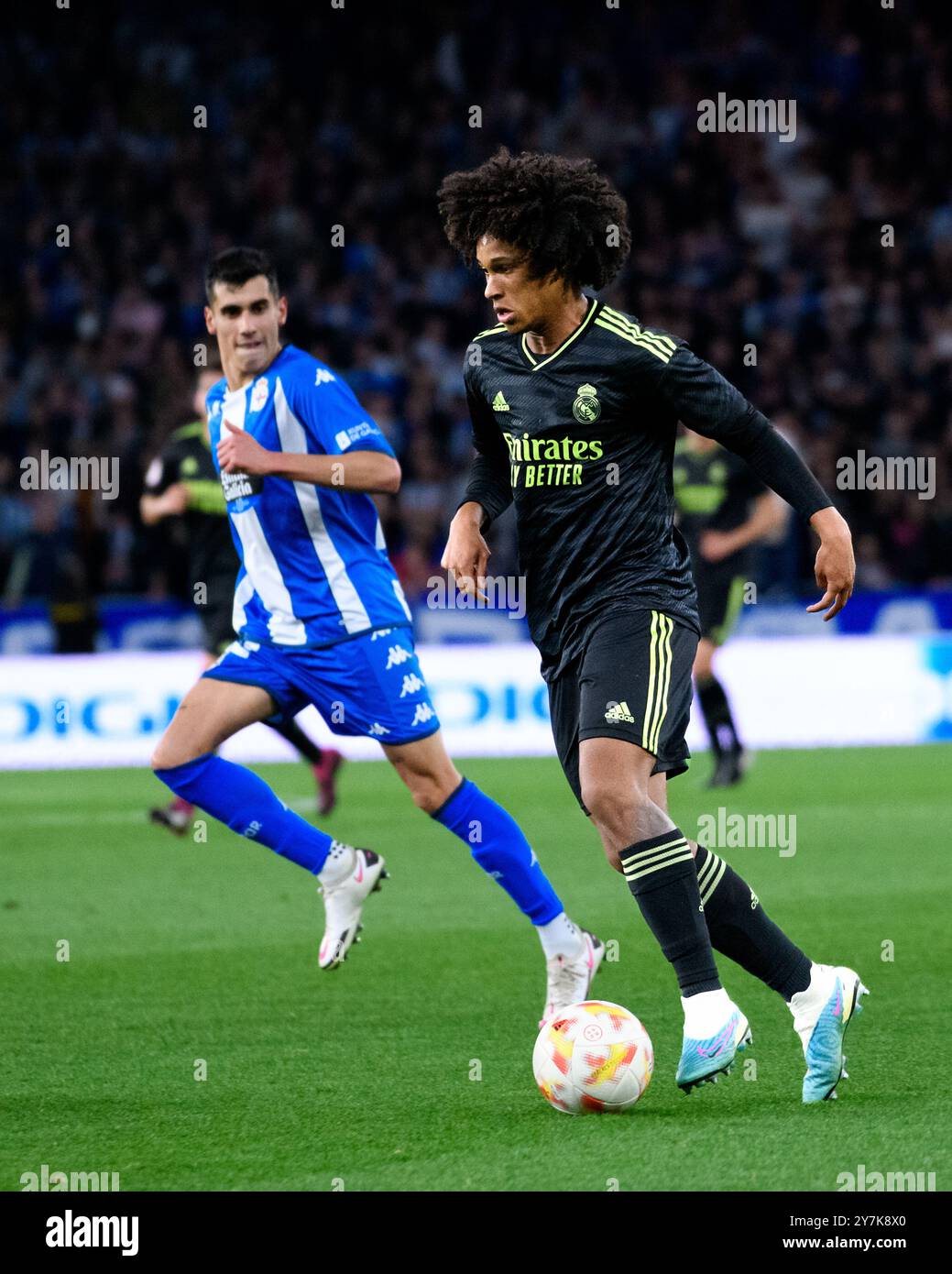 Coruña, Spagna. 12 marzo 2024. 1 RFEF League. RC Deportivo de la Coruña vs Real Madrid Castilla. Stadio Riazor. Peter Gonzalez Foto Stock