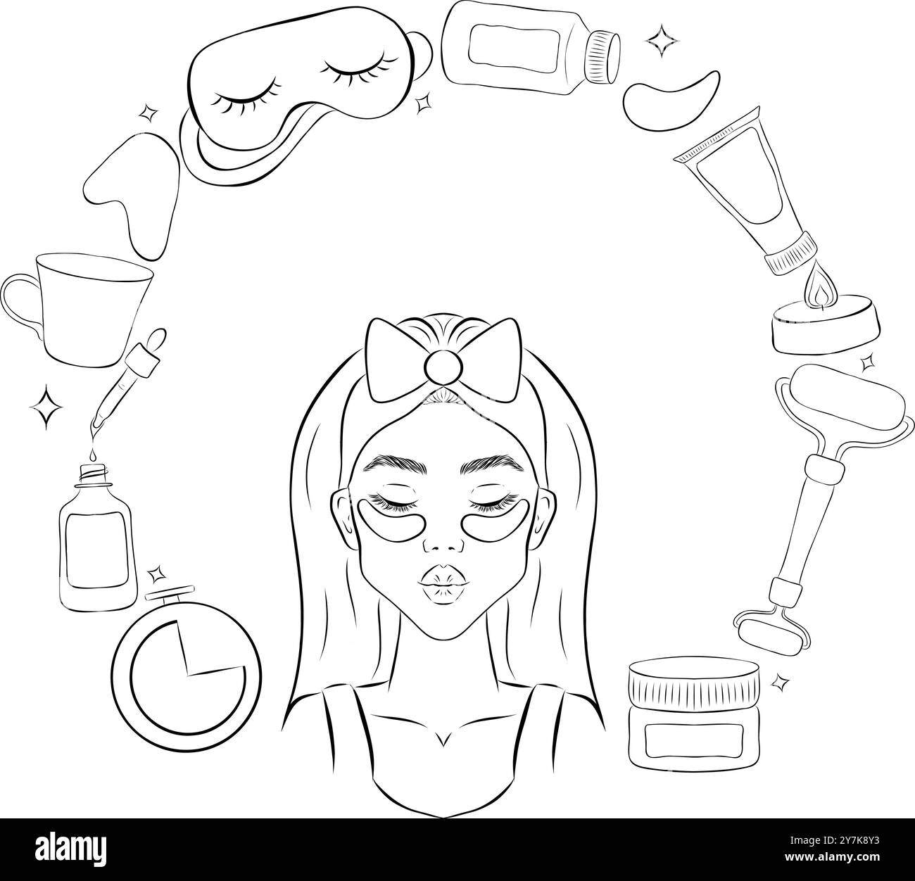 Grande set di pacchetti diversi per set di icone cosmetiche decorative. Strumenti di makeup raccolta di illustrazioni vettoriali. Scarabocchio cartoni animati. Composizione circolare. Illustrazione Vettoriale