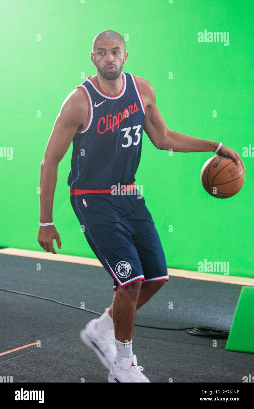 Los Angeles, California, Stati Uniti. 30 settembre 2024. Nicolas Batum#33 dei Los Angeles Clippers partecipa al LA Clippers' Media Day all'Intuit Dome, lunedì 30 settembre, a Inglewood, California (Credit Image: © Ringo Chiu/ZUMA Press Wire) SOLO PER USO EDITORIALE! Non per USO commerciale! Crediti: ZUMA Press, Inc./Alamy Live News Foto Stock