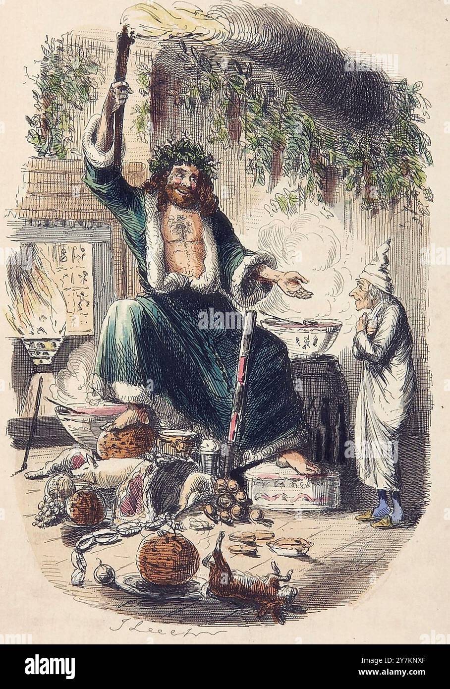 Un CANTO DI NATALE di Charles Dickens, 1843. Ebenezer Scrooge e il fantasma del regalo di Natale. Foto Stock