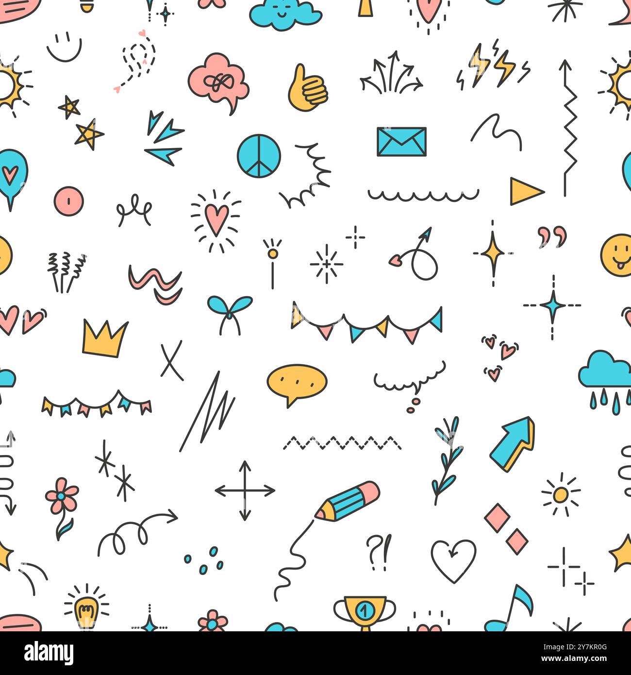 Graziosi elementi doodle motivo senza cuciture. Le frecce della lampadina di cuori strizzano i raggi del sole ghirlande. Design di stampa in tessuto con oggetti semplici, sfondo vettoriale Illustrazione Vettoriale