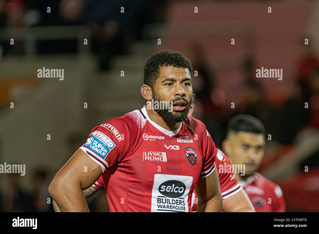 Kallum Watkins gioca per i Salford Red Devils nei play-off della Super League contro Leigh al Salford Community Stadium, Salford, Regno Unito, 27.09.2024 Foto Stock