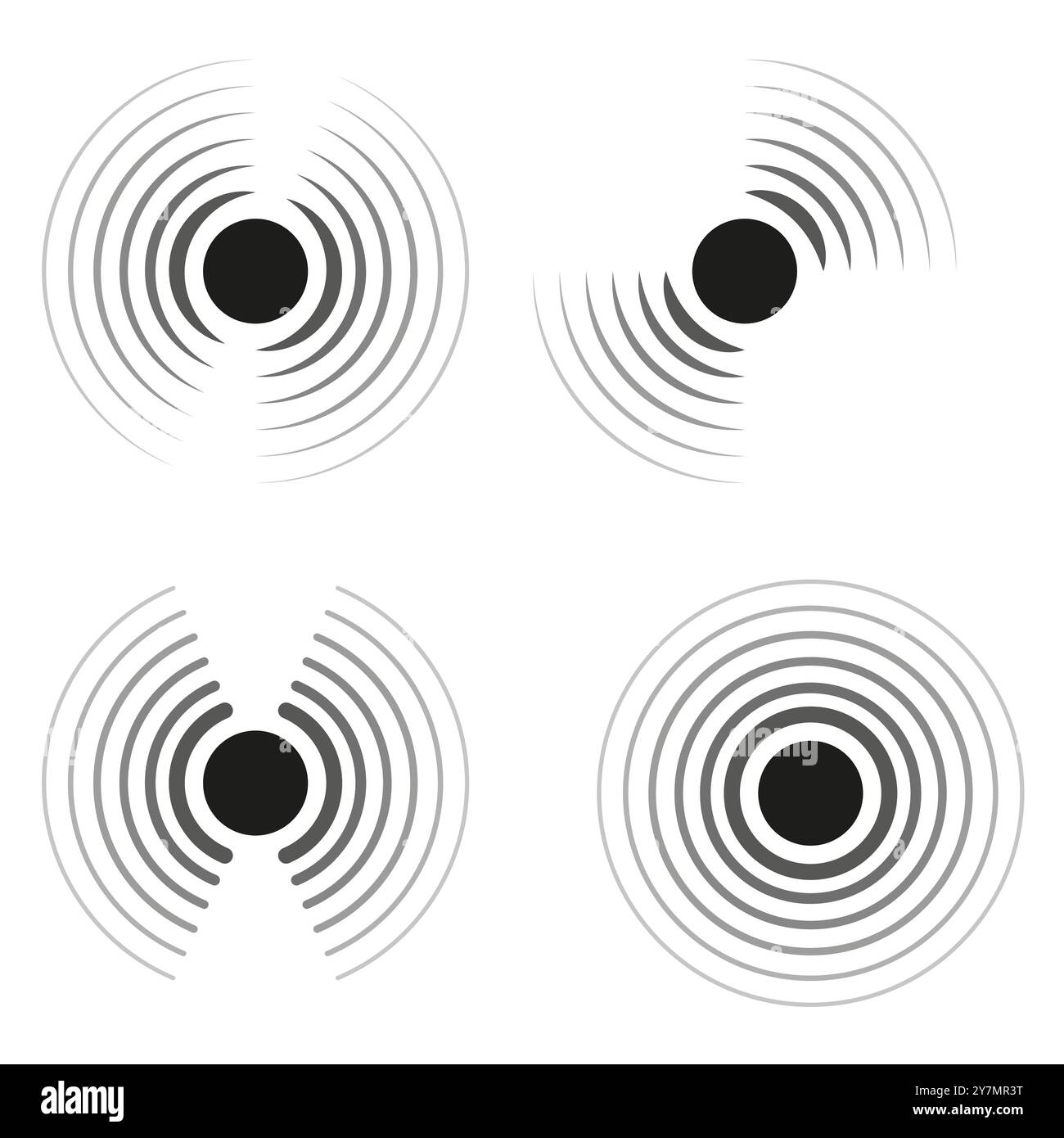 Serie di campiture radiali. Forme concentriche circolari. Linee astratte vettoriali. Elementi neri e grigi. Illustrazione Vettoriale