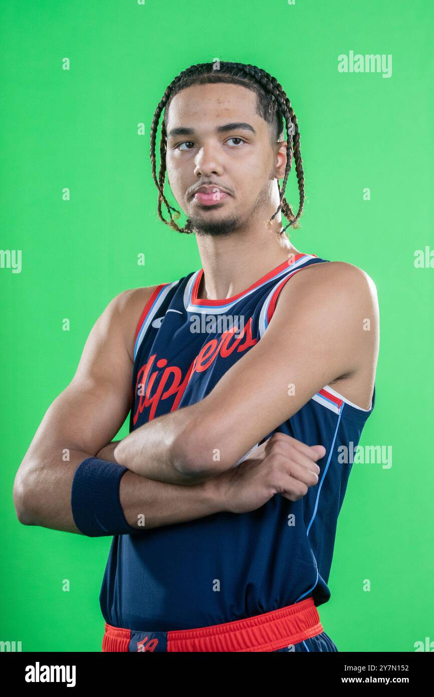 Los Angeles, Stati Uniti. 30 settembre 2024. Trentyn Flowers #9 dei Los Angeles Clippers partecipa al Media Day di LA Clippers all'Intuit Dome. Credito: SOPA Images Limited/Alamy Live News Foto Stock