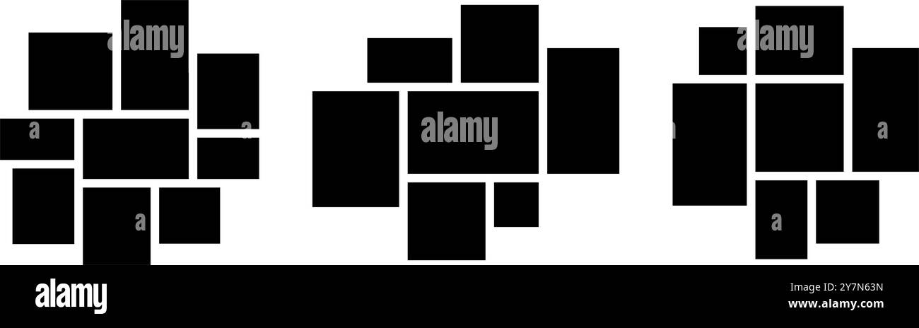 Set layout collage immagine. Mosaic nero Mosaic Mood board GRID Collection. 7-9 disposizione della composizione delle immagini. Modello di album fotografico per banner, poster, mockup, volantini, brochure, opuscolo, muro della memoria. Vettore Illustrazione Vettoriale