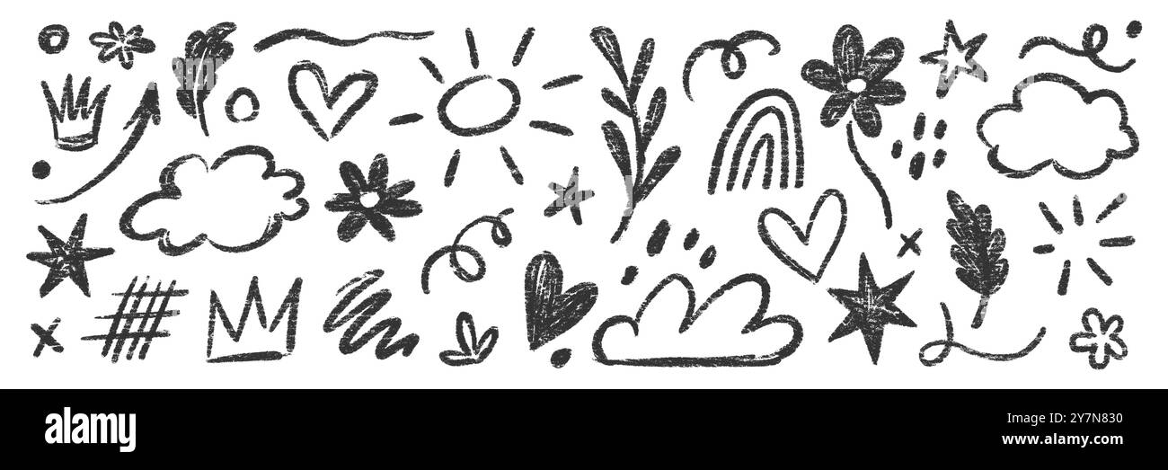 Set vettoriale nero disegnato a mano con gesso di pastelli per bambini. Nuvola a matita, fiore, elemento freccia, pennello nero disegnato a mano. Elementi doodle a forma di matita in gesso per bambini. Illustrazione vettoriale Illustrazione Vettoriale