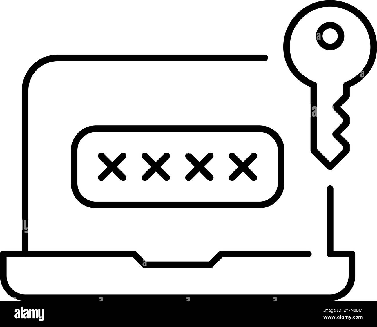 Computer portatile con casella di immissione password e chiave. Accesso sicuro ai dati, accesso utente del computer. Pixel Perfect, icona del vettore di traccia modificabile Illustrazione Vettoriale